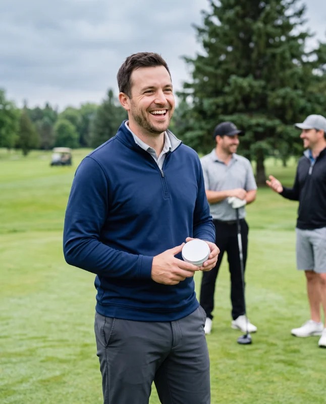 Man laughing with friends on a golf course, holding an unbranded nicotine pouch tin